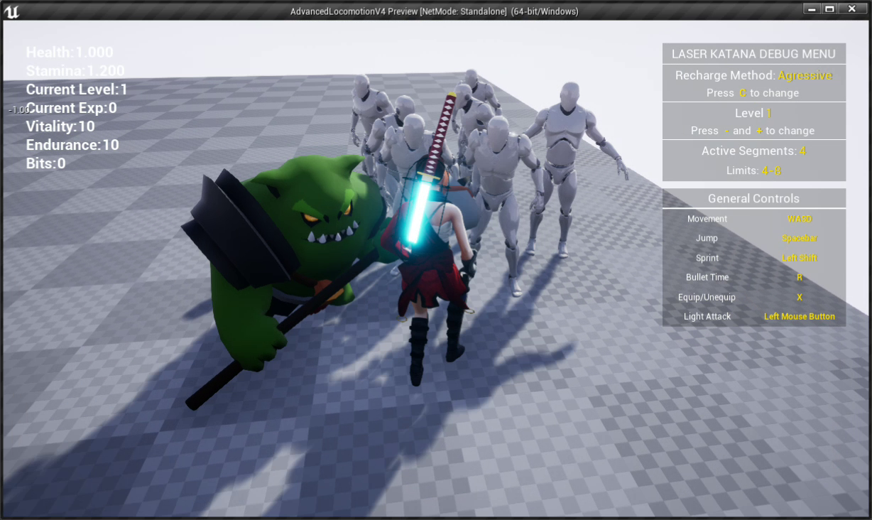 A crowd of UE4 default mannequins and a low poly orc